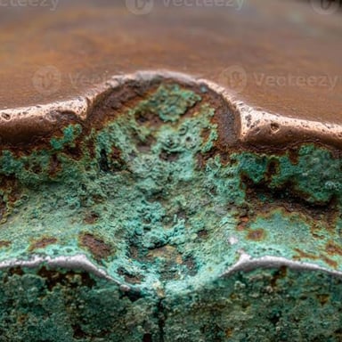 Green patina covering the surface of aged copper.