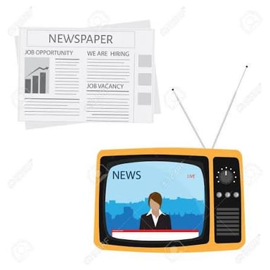 A newspaper displayed beside a television showing a news broadcast