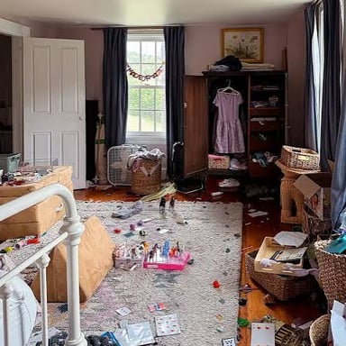 A room with belongings scattered in disarray