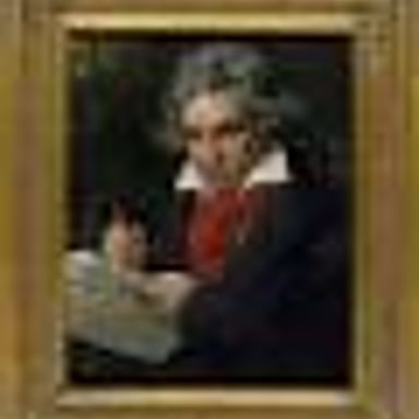 Portrait of composer Ludwig van Beethoven beside a page of music.