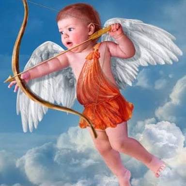 A winged cherubic Cupid holding a bow and arrows