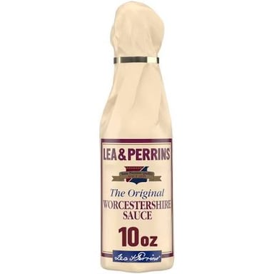 A bottle of Lea & Perrins Worcestershire sauce, the condiment referenced in the clue.