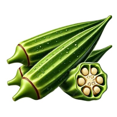 Green okra pods, including one sliced to show its seed-filled interior.
