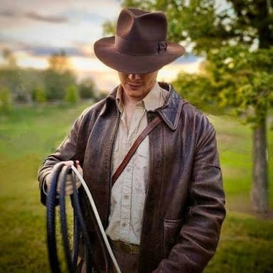 Indiana Jones, the fictional archaeologist, in his recognizable fedora and leather jacket.