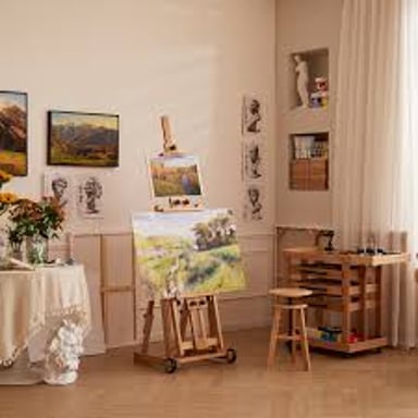 Several easels holding canvases in an art studio