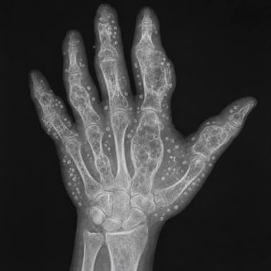 A medical X-ray showing the bones inside a human hand.