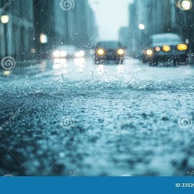 Heavy rain falls in sheets onto a street.