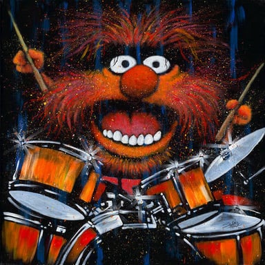Animal playing drums with the Electric Mayhem