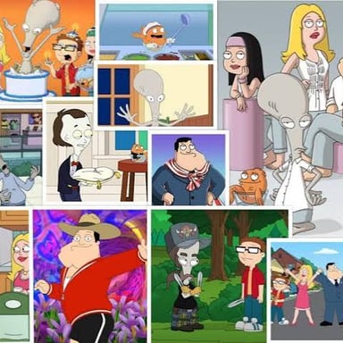 Characters from American Dad!, including CIA agent Stan Smith, alien Roger, and goldfish Klaus.