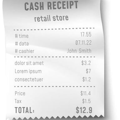 A printed shopping receipt with an amount and total listed.