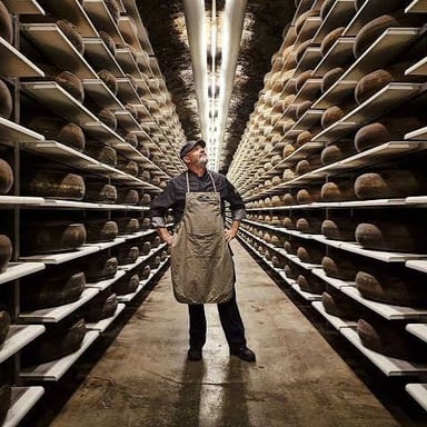 Cheese wheels maturing on shelves in a cool cellar.