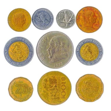 Mexican peso coins arranged on a surface