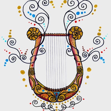 An illustration of an ancient Greek poet performing verse with a lyre.