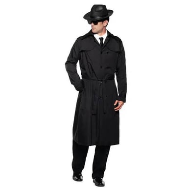 A classic disguise consisting of a trench coat, wig, and large sunglasses.
