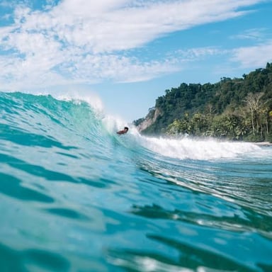 A surfer riding a wave, illustrating the phrase “Surf’s up!”