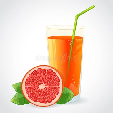 Grapefruit halves beside a glass of grapefruit juice.