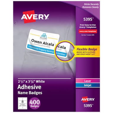 A price tag beside a name tag, both displaying short lines of text.