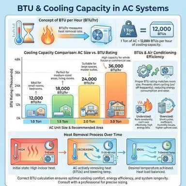 An air conditioner rating label lists its cooling capacity in BTUs per hour.