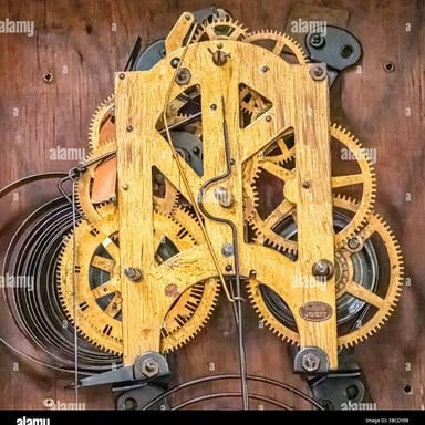 Two toothed gears meshing inside a mechanical clock.