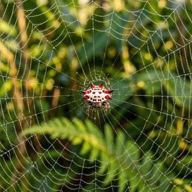 An orb-weaver spider resting in the center of its silk web.