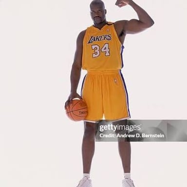 Shaquille O’Neal in a Los Angeles Lakers uniform.