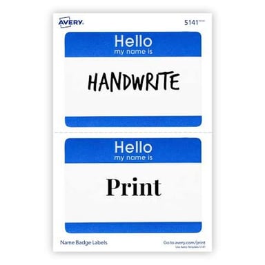 A white adhesive name tag with the words “Hello, my name is” and a blank space for a name.