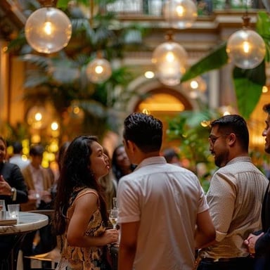 A social gathering conveying a distinct overall mood.