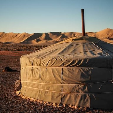 A small store imagined in a dry landscape on the edge of the Gobi Desert.