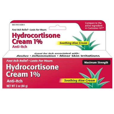 A tube of hydrocortisone cream beside a small area of irritated skin.