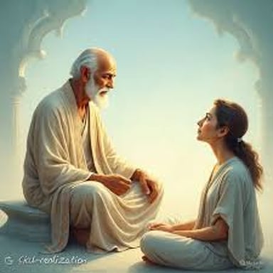 A Hindu teacher speaking with a student in a quiet learning setting.