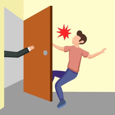 An illustration of a door being forced inward by a blow.