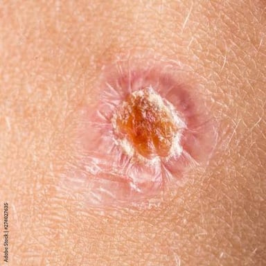 A small scab covering a healing scrape.