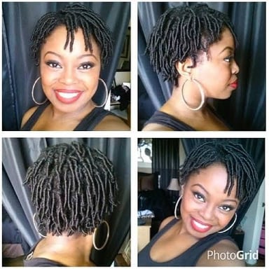Hair styled in multiple rope-like locs.