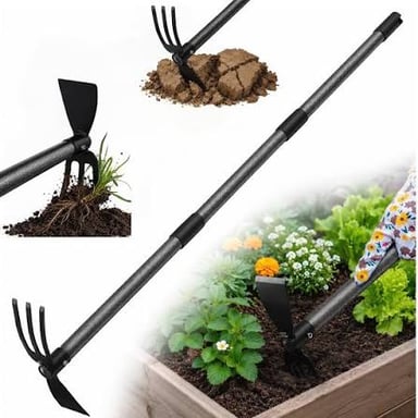 A garden hoe with a flat blade is used to loosen soil.