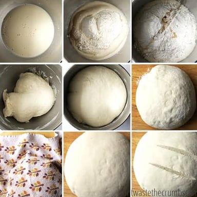 Baker's yeast granules beside dough that has risen.