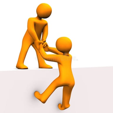 One person helping another person stand up.