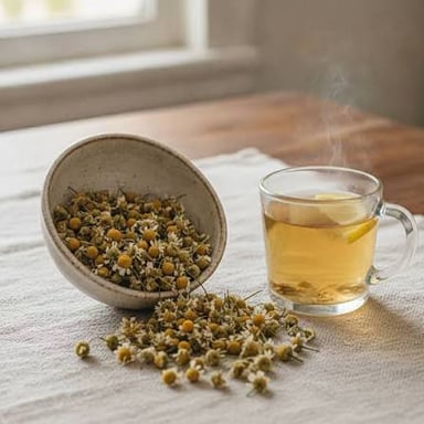 A cup of herbal infusion with peppermint and chamomile leaves nearby.