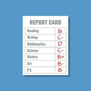 A report card showing several top grades.