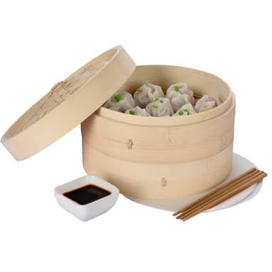 Small dim sum dishes, including dumplings, in steamer baskets.