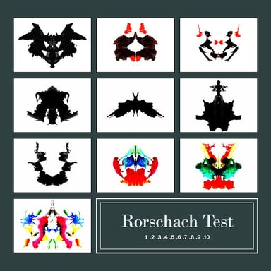 A symmetrical inkblot with ambiguous shapes, like those used in the Rorschach test.