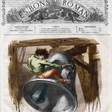 An illustration of Quasimodo ringing a bell in Notre-Dame