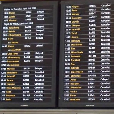A travel display with estimated arrival times that could change because of weather.