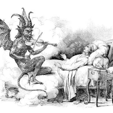 A dramatic illustration evoking a devilish or satanic figure