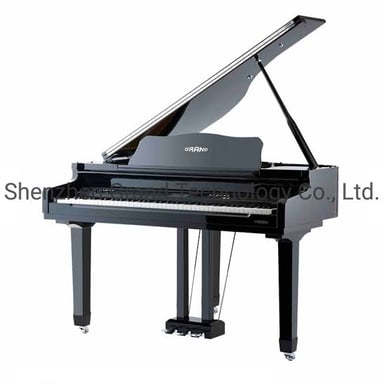 A grand piano supported by its three legs.