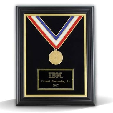 A medal suspended from a ribbon, the kind worn as an award.