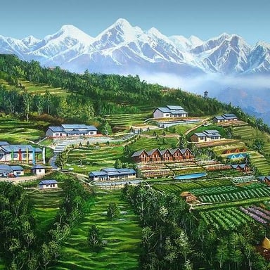 A view of Nepal’s mountainous landscape, with the Himalayas rising above a valley.