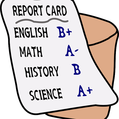 A report card showing letter grades, including an A and a B.