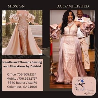 A needle and thread making stitches in fabric during a clothing alteration.