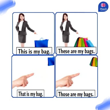 A person points toward a distant object to illustrate the word “that.”
