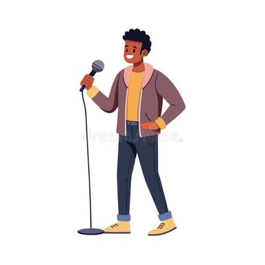 A stand-up comic performing for an audience with a microphone.